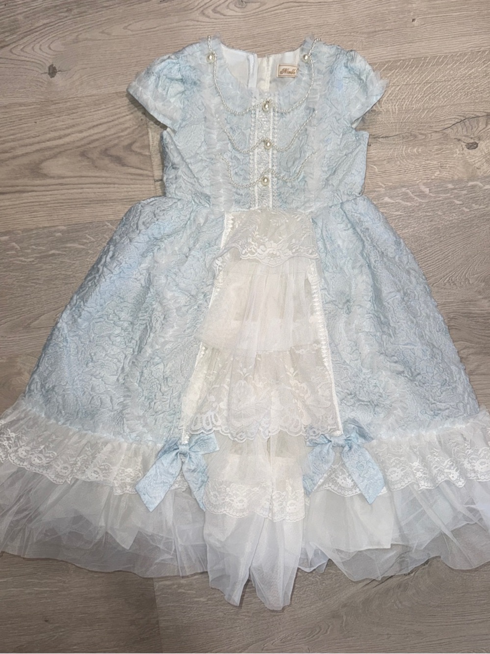 Girls' Light Blue Lace Formal Dress with White Tulle Accents - Princess Dress